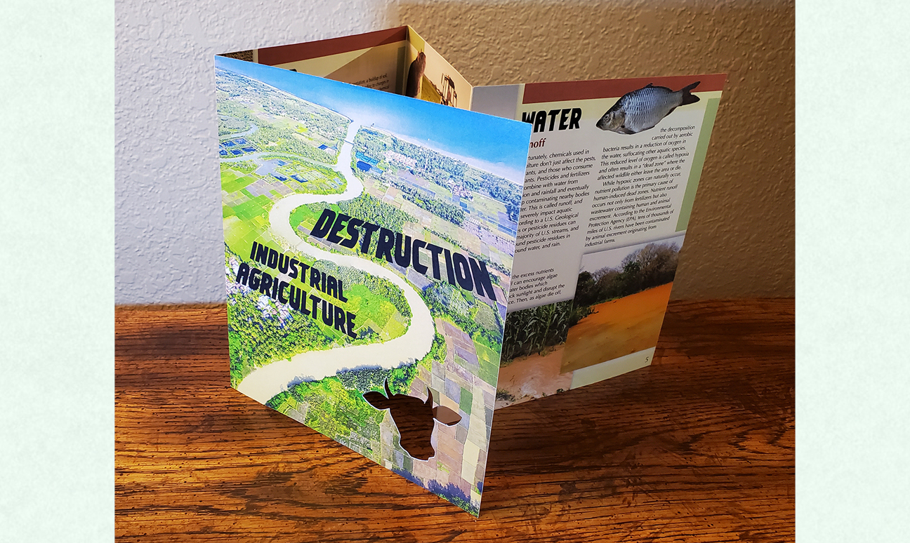 Eight-page booklet with die cut discussing industrial agriculture