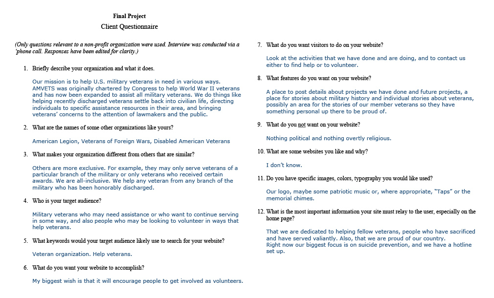 An image of the questions asked during the client interview and the responses, cleaned up for clarity.