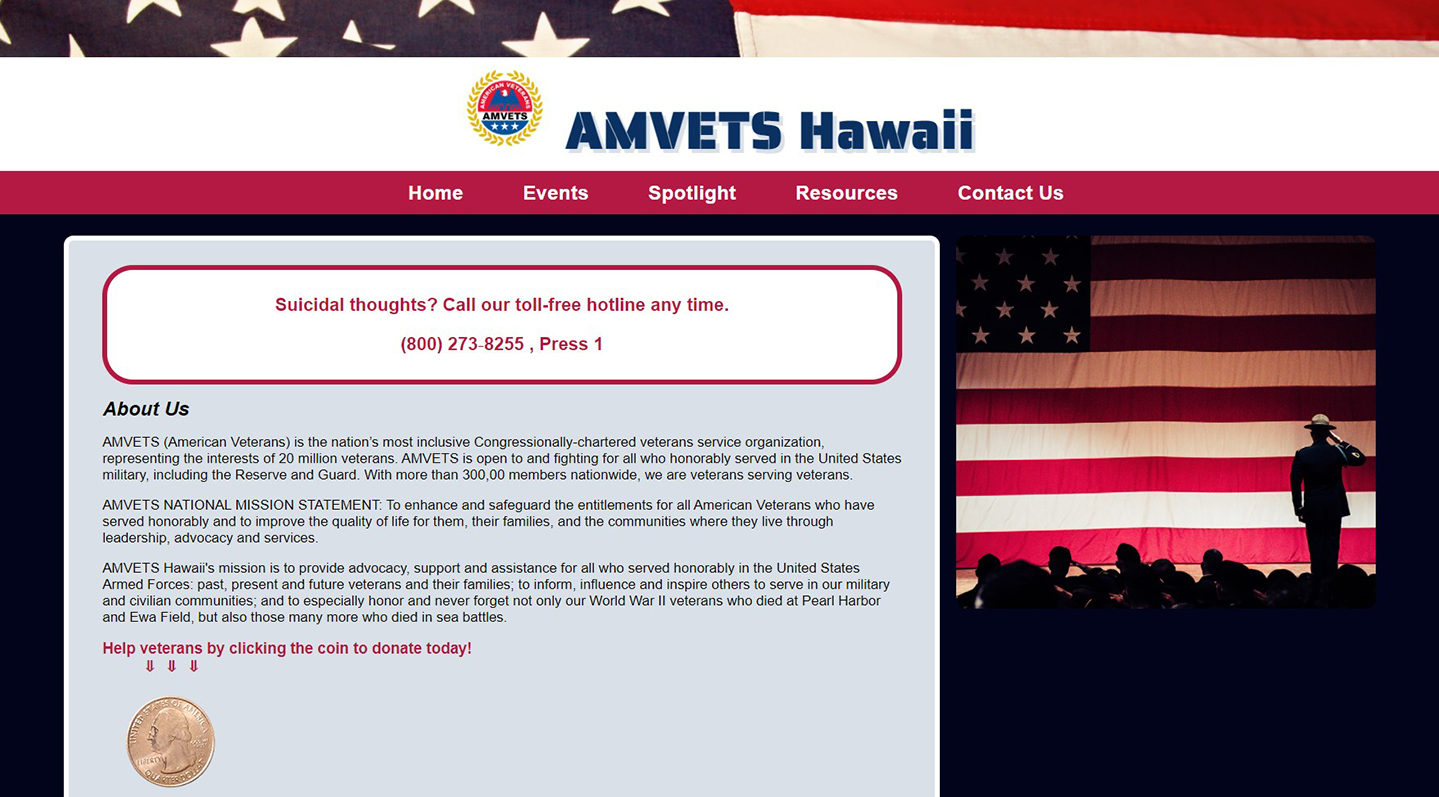 A screenshot of the AMVETS Hawaii website home page.