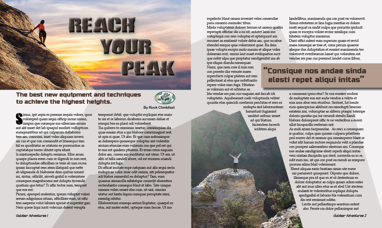 Fictitious outdoors magazine two page spread